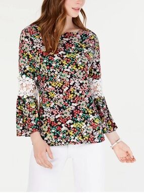 Tommy Hilfiger Black Floral Bell-Sleeve Blouse with Lace Insets